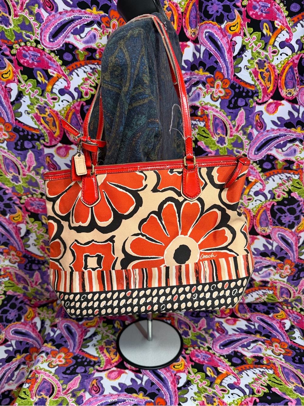 Coach Red and Cream Floral Canvas Tote with Black Accents